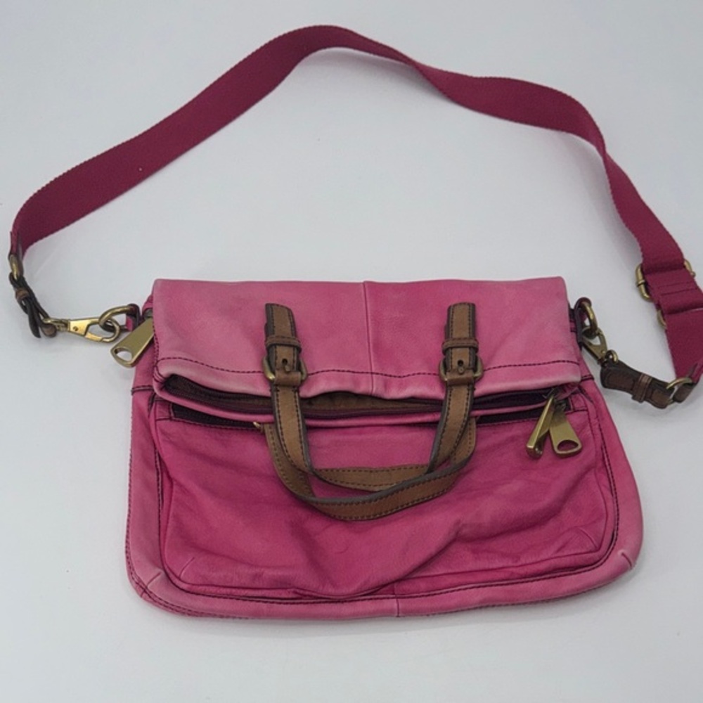 Vintage Pink & brown Fossil Explorer leather crossbody tote